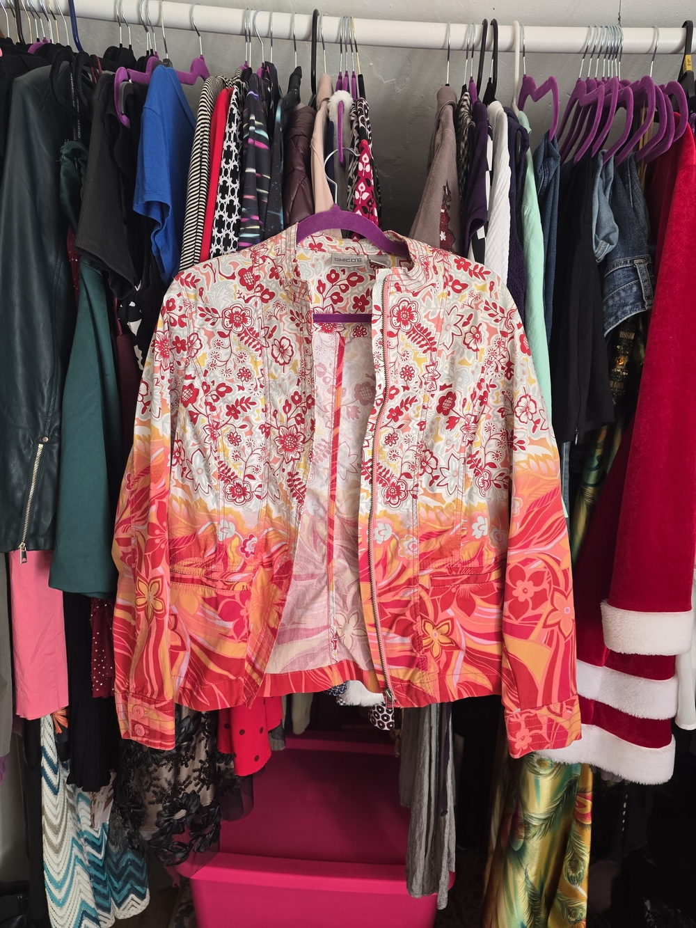 Chico's Floral Ombre Bomber Jacket - Pink, Coral, Yellow